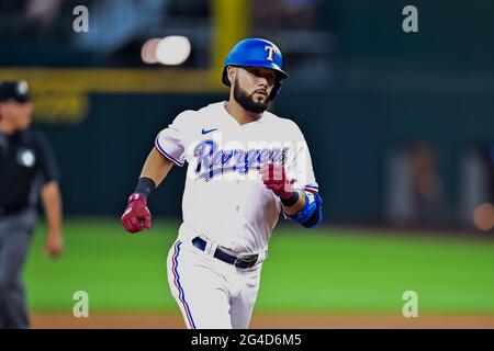 June 19th, 2021: Texas Rangers third baseman Isiah Kiner-Falefa (9) hits a two run homer.during a game between the Minnesota Twins and the Texas Rangers at Globe Life Field in Arlington, Texas.Manny Flores/Cal Sport Media Stock Photo