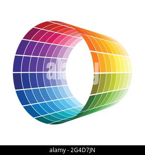 Colorful tiles that makes a pipe with concentric pattern. Cylinder in perspective view made of rainbow spectral colors isolated on white. Abstract ele Stock Vector