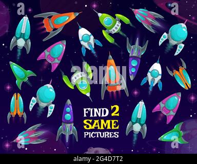 Find two same ufo or alien starship kids game worksheet. Cartoon vector ...