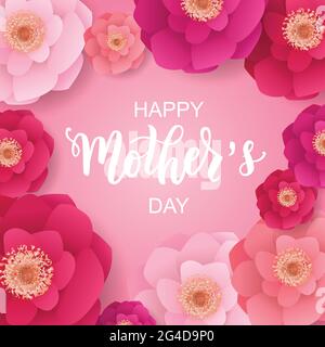 Happy Mother s day hand lettering text with beautiful flowers. Good for card, poster, banner, invitation, postcard, icon. Vector illustration. Stock Vector