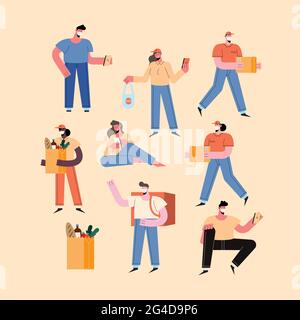 eight delivery workers and customers Stock Vector