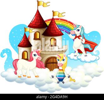 Many cute unicorns cartoon character with castle on the cloud illustration Stock Vector