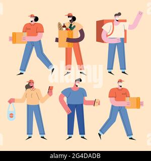 six delivery workers and customers Stock Vector