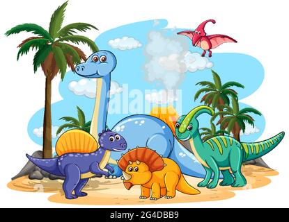 Many cute dinosaurs character in prehistoric land isolated illustration Stock Vector