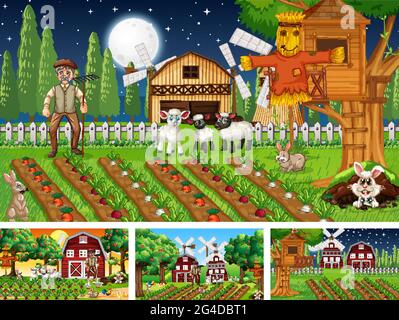 Different farm scenes with old farmer and animal cartoon character illustration Stock Vector