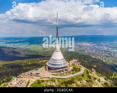 LIBEREC, CZECH REPUBLIC - JUNE 02, 2021: Jested Mountain Hotel and TV transmitter above Liberec, Czech Republic. Aerial view from drone Stock Photo