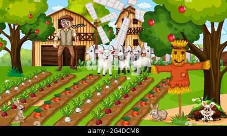 Farm scene at daytime with old farmer man and cute animals illustration Stock Vector