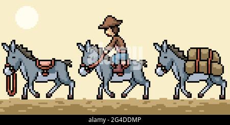 pixel art of donkey caravan travel Stock Vector