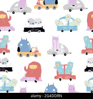 Seamless Pattern with cute Monsters on a Cars on White Background Stock Vector