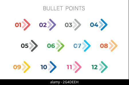 Colourful arrows set isolated. Direction number bullet points from one to twelve. Stock Vector
