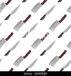 Various Knives. Cutlery set. Kitchen utensils. Side view. Hand drawn Vector illustration. Cool simple design. Square seamless Pattern Stock Vector