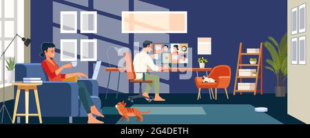 Working at home. Man and woman employee speak talk on video call with colleagues on online briefing, worker have Webcam group conference with Stock Vector
