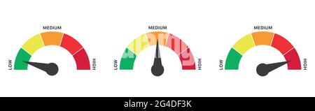 Vector Speedometer Scale from green to red with arrow and text low, medium and high Stock Vector