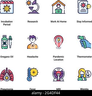 Vector Covid-19 Prevention Filled Outline Icons. Coronavirus, Social Distancing, Quarantine, Hand Washing, Stay Home. 48x48 Pixel Perfect. Editable St Stock Vector