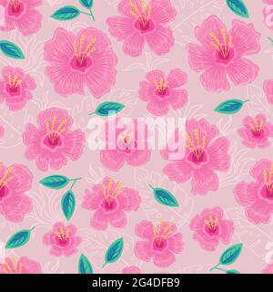 Seamless pattern with tropical flowers and leaves. Stock vector illustration.Endless pattern. Stock Vector
