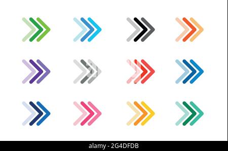 Colourful Arrow sign icon set. Simple circle shape internet button on grey background. Stock Vector