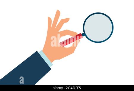 Hand holds Magnifying glass in search of something. Stock vector Stock Vector