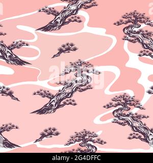 Seamless pattern with Bonsai tree on a pink background. Sketch Japanese pine. Hand-drawn pine tree. Isolated Japanese spruce. Stock illustration.Engra Stock Vector