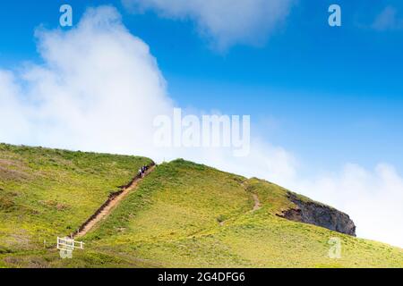 Walkers walking down a set of steps on a steep sloping footpath on Grange Point on the coast at Mawgan Porth in Cornwall UK. Stock Photo