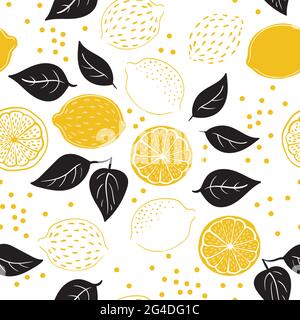 Tropical seamless pattern with yellow lemons and lemon slices. Hand drawn lemons pattern on white background. Fruit repeated background. Vector bright Stock Vector