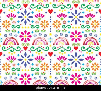 Mexican vibrant folk art seamless vector textile or fabric print pattern, colorful design with flowers wallpaper inspired by traditional designs from Stock Vector