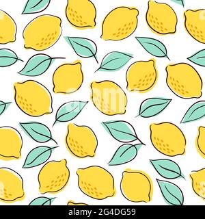 Vector Tropical seamless pattern with yellow lemons and lemon leaves. Hand drawn lemons pattern on white background. Fruit repeated background,bright Stock Vector