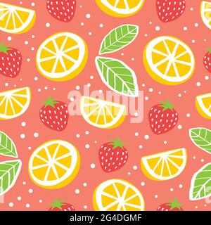Seamless pattern with lemons and strawberries on a pink background. Juicy fruits. Endless backgrop for your design, wrapping paper.Stock vector Stock Vector
