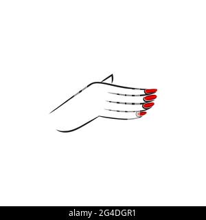 Hand with red nails. Stock vector illustration isolated on white background. Logo for the manicure master. Stock Vector