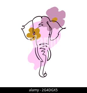 Abstract linear elephant with flowers.Continuous line with abstract colored shapes.Trendy stock vector illustration isolated on white background Stock Vector