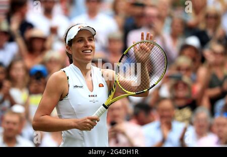 File photo dated 08-07-2019 of Johanna Konta celebrates her victory over Petra Kvitova at Wimbledon 2019. Issue date: Monday June 21, 2021. Stock Photo