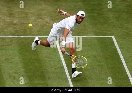 File photo dated 08-07-2019 of Matteo Berrettini in action against Roger Federer on day seven of the Wimbledon Championships at the All England Lawn Tennis and Croquet Club, Wimbledon. Issue date: Monday June 21, 2021. Stock Photo