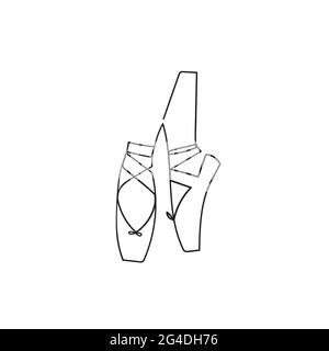 Ballerina legs in pointe shoes continuous line drawing. Ballet shoes with ribbons.Stock vector illustration isolated on white background.One line Stock Vector