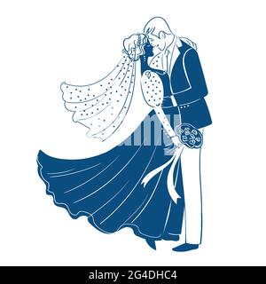 Blue Silhouettes of the bride and groom with a bouquet. Stock vector isolated illustration on white background.Mixed marriage.Interracial marriage. Stock Vector