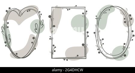 Set of modern minimalistic frames, vector. Circle, rectangle and heart. Frames with sheets and berries on colored spots and blots. Hand drawing. Stock Vector