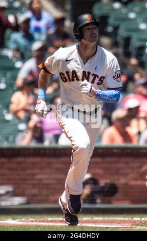 June 20 2021 San Francisco CA, U.S.A. The Giants right fielder Mike  Yastrzemski (5) runs down the first baseline during the MLB game between  the Philadelphia Phillies and San Francisco Giants, Giants