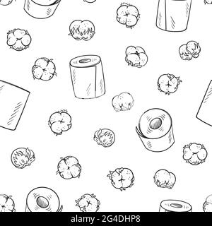 Seamless pattern with cotton flowers and toilet paper. Rolls of toilet paper isolated on white background. Stock vector illustration. Stock Vector