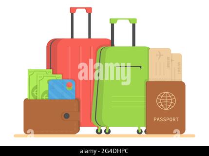 Travel bags packed for summer vacation on the seaside, vector illustration. Various baggage suitcases ready for departure. Stock Vector