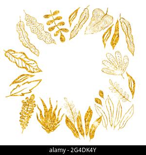 Beautiful frame.Gold tropical leaves isolated on white background..Stock vector illustration.Background with leaves.Greeting cards,wallpapers, flyers Stock Vector