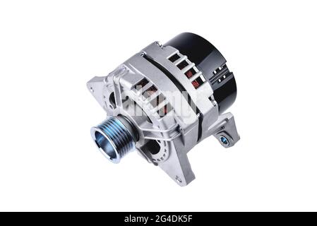 generator automobile, element of the electrical network of the car on a white background top view, close-up selective focus Stock Photo