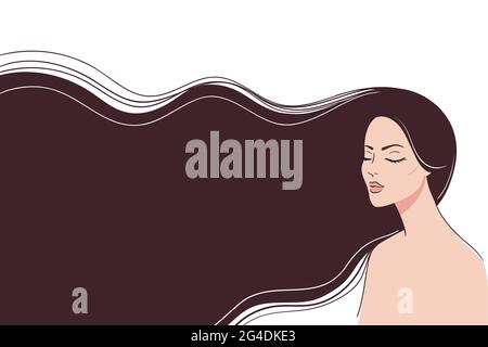 Beautiful Young woman face with long hair.Copy space.Poster with The Flat head of a girl. Beauty industry concept. Stock Vector