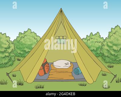 Camping tent open interior graphic color landscape sketch illustration vector Stock Vector