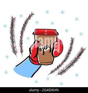 Coffee mug. Coffee to go. Vector Winter Greeting card with hot takeaway coffee,snow, snowflakes and spruce branch.A gloved hand holds a glass of drink Stock Vector
