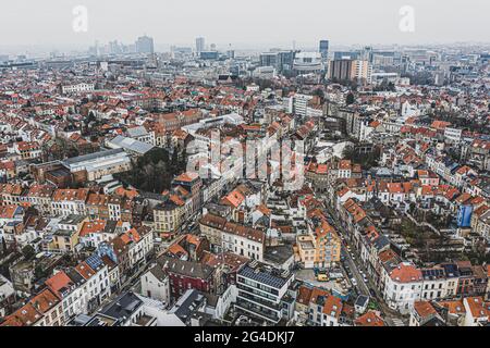 Brussels, Belgium,  January 3, 2021:    Old town of Brussels view from above. European commission building on the background Stock Photo