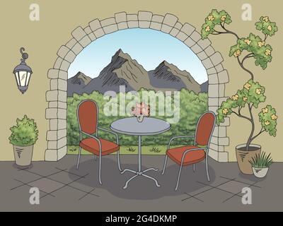 Cafe garden terrace graphic table chair color sketch illustration vector Stock Vector