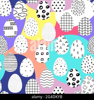 Seamless vector Happy Easter pattern. Easter eggs painted with black and white Scandinavian ornaments on color background. Festive spring Polka dot, s Stock Vector