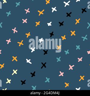 Seamless Scandinavian pattern. Strips of Yellow, pink, black hand-drawn crosses on blue background. Neutral cozy ornament. Vector doodle illustrations Stock Vector