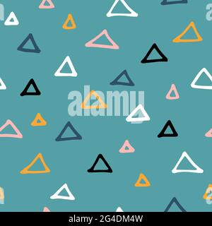 Seamless Scandinavian pattern. Black, pink, white, gold hand-drawn triangles on a blue background. Neutral cozy doodle ornament. Vector illustrations Stock Vector
