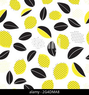 Tropical seamless pattern with yellow lemons and lemon slices. Scandinavian style on white background. Fruit repeated background.Bright print for Stock Vector