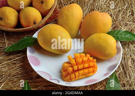 Indian Alphonso mango fruits in grass closeup Stock Photo