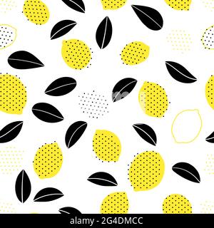 Tropical seamless pattern with yellow lemons and lemon slices. Scandinavian style on white background. Fruit repeated background.Bright print for Stock Vector